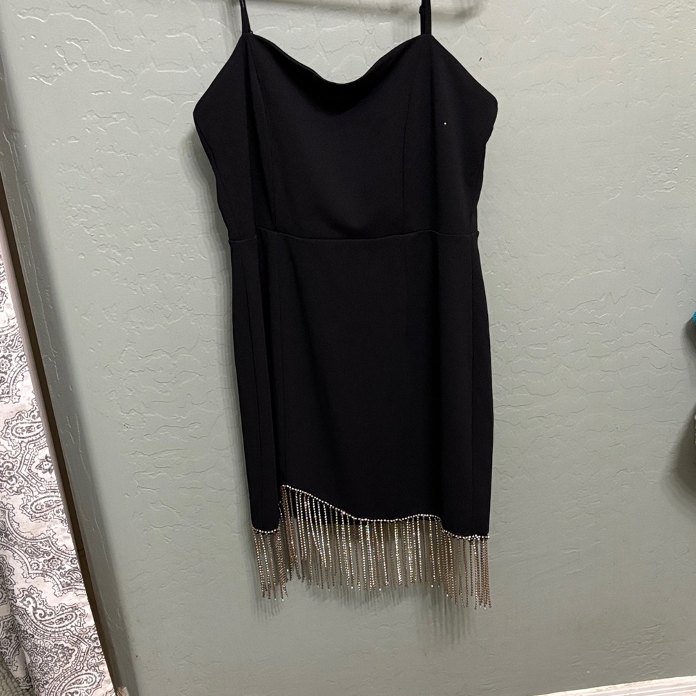Beaded Fringe Black Slip Mini Dress